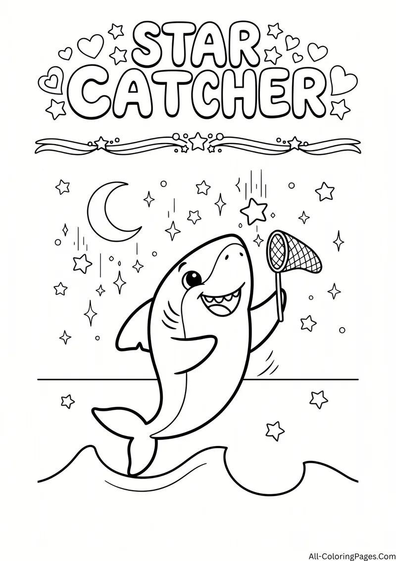Shark jumping from the waves holding a net to catch stars under a crescent moon, with the title Star Catcher