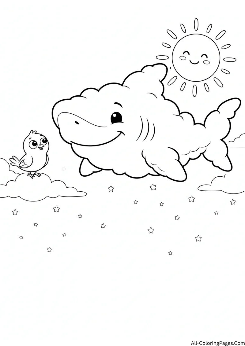 Fluffy cloud shaped like a shark with a smiling sun and a small bird