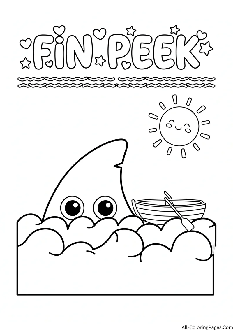 Shark fin with big eyes peeking above the waves next to a rowboat, with a smiling sun and the title Fin Peek