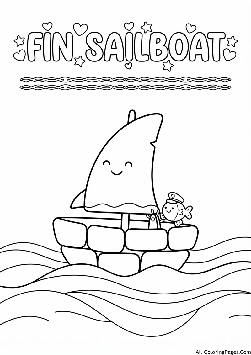 Boat with a smiling shark fin for a sail and a small fish captain on the waves, with the title Fin Sailboat