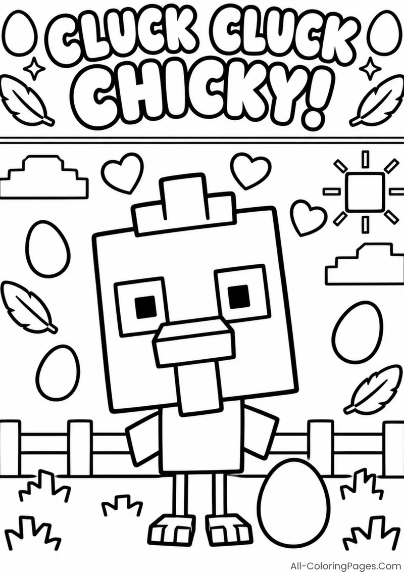 A blocky chicken with eggs under a Cluck Cluck Chicky heading