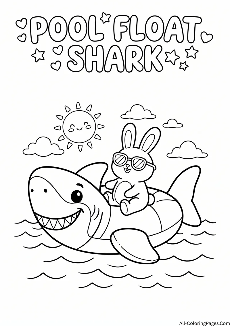 Bunny wearing sunglasses sitting on a shark pool float on the water with a sun, with the title Pool Float Shark