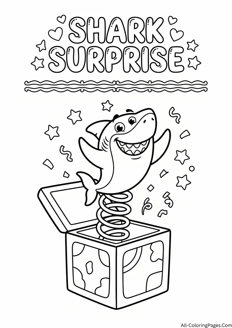 Shark popping out of a jack in the box on a spring with confetti and stars, with the title Shark Surprise