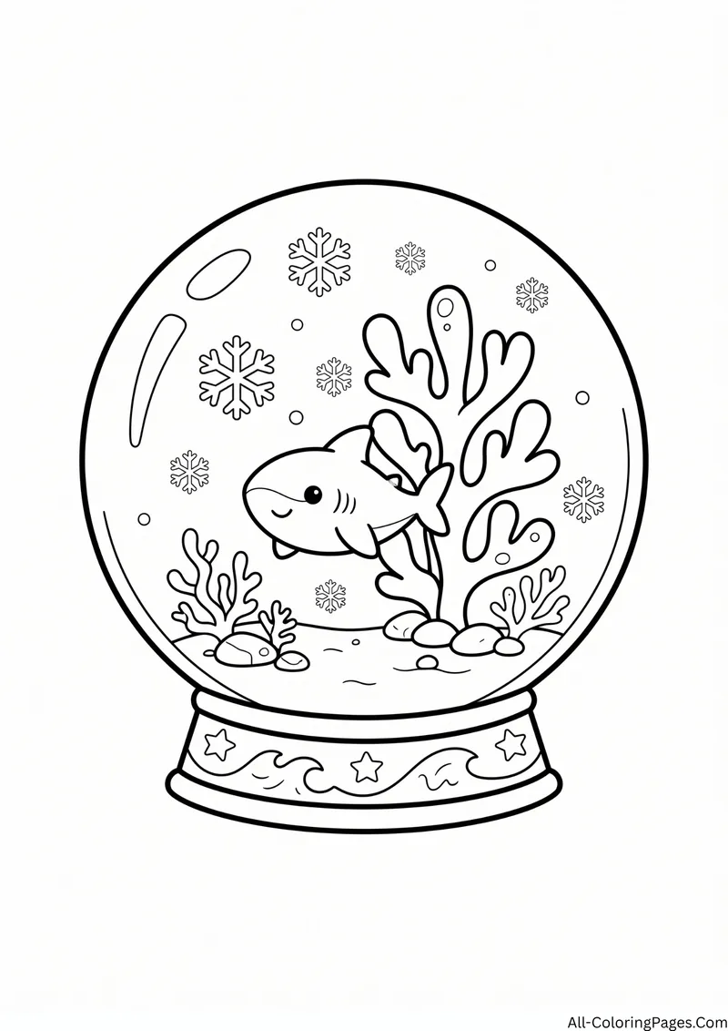 Small shark swimming inside a snow globe with coral and snowflakes on a star decorated base