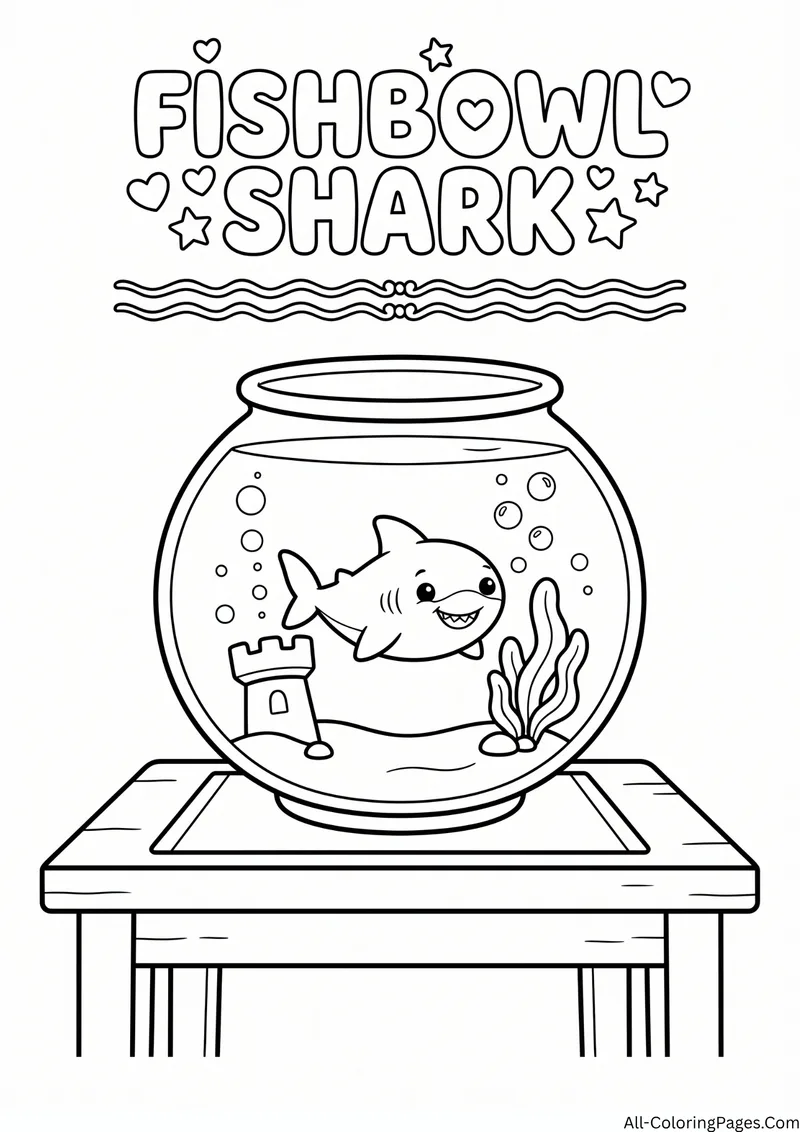 Small shark in a round fishbowl with a castle and seaweed on a wooden table, with the title Fishbowl Shark