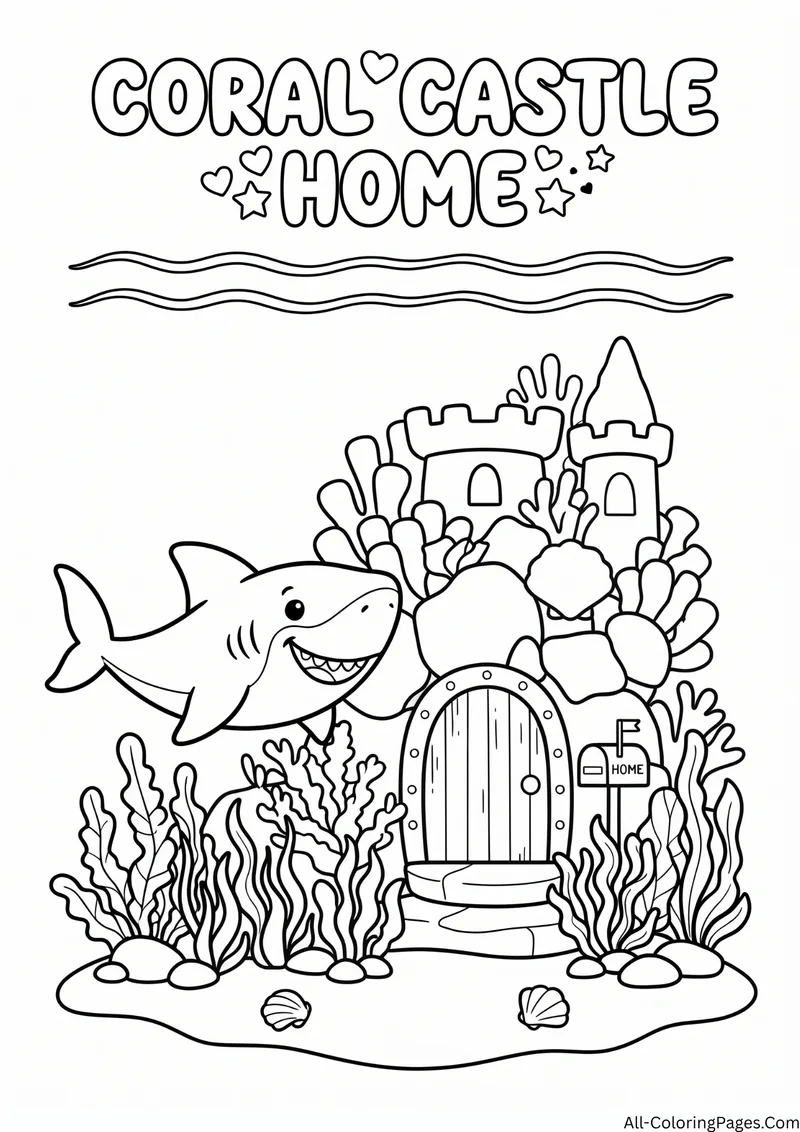 Shark swimming beside a coral castle with a wooden door and a mailbox, with the title Coral Castle Home