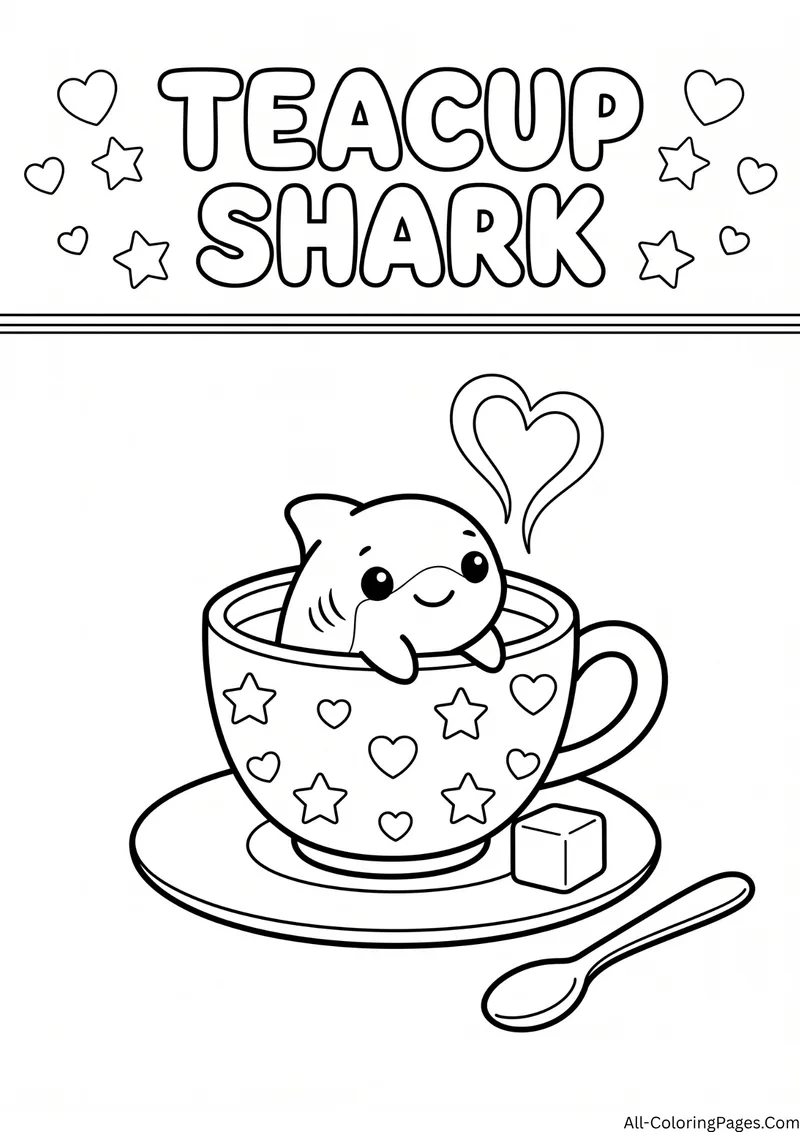 Tiny shark sitting in a teacup with heart steam, a sugar cube and a spoon, with the title Teacup Shark
