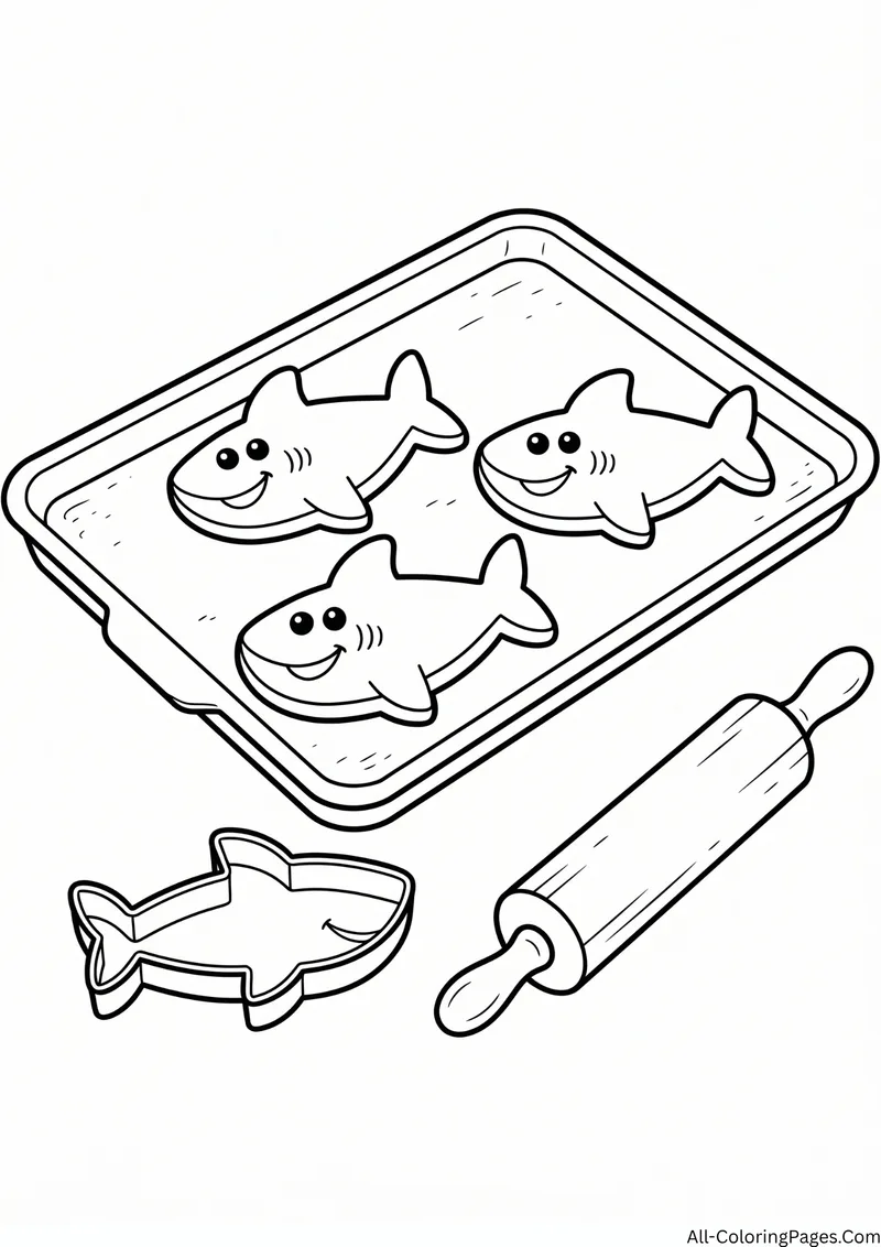 Baking tray of shark shaped cookies with a shark cookie cutter and a rolling pin