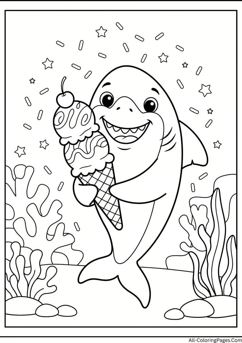 Shark holding a large ice cream cone with a cherry while sprinkles fall around it