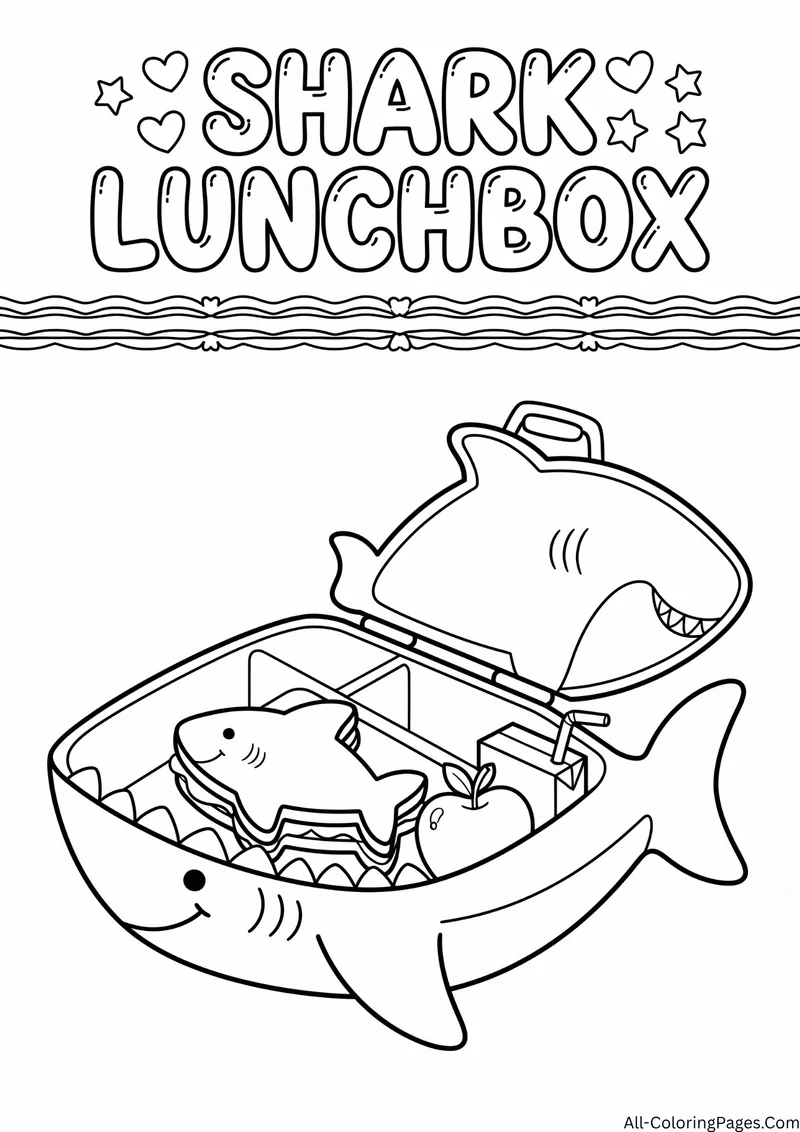 Open shark shaped lunchbox with a shark sandwich, an apple and a drink, with the title Shark Lunchbox