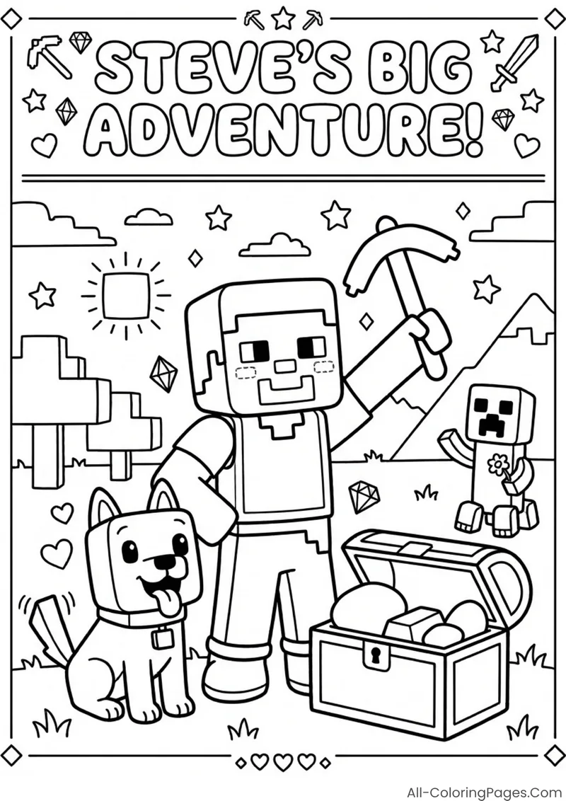 Steve holding a pickaxe beside a wolf, treasure chest and Creeper