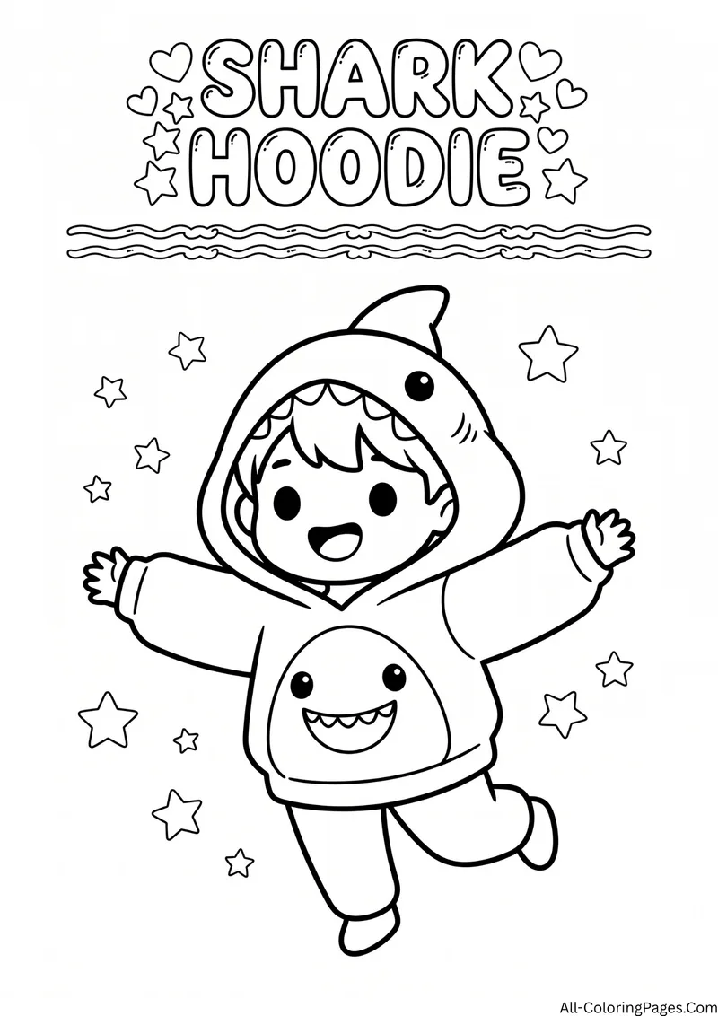 Happy child wearing a shark hoodie and jumping with arms out among stars, with the title Shark Hoodie