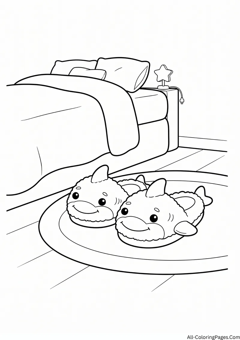 Pair of shark slippers on a round rug next to a bed and a nightstand