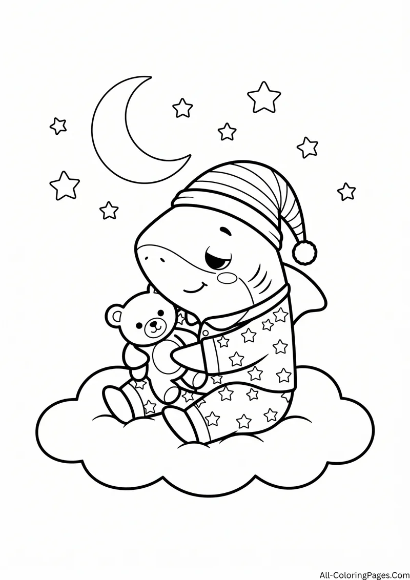 Shark in star pajamas and a nightcap hugging a teddy bear on a cloud under a crescent moon