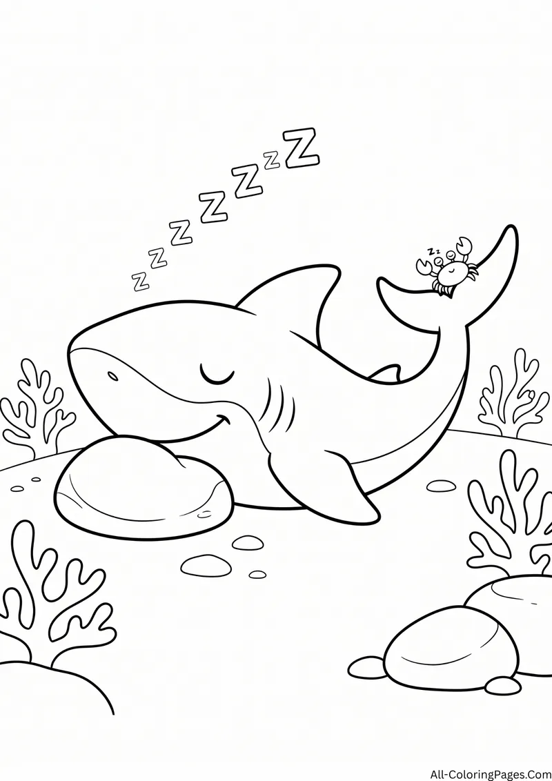 Shark sleeping on a rock with Z letters above it and a small crab on its tail