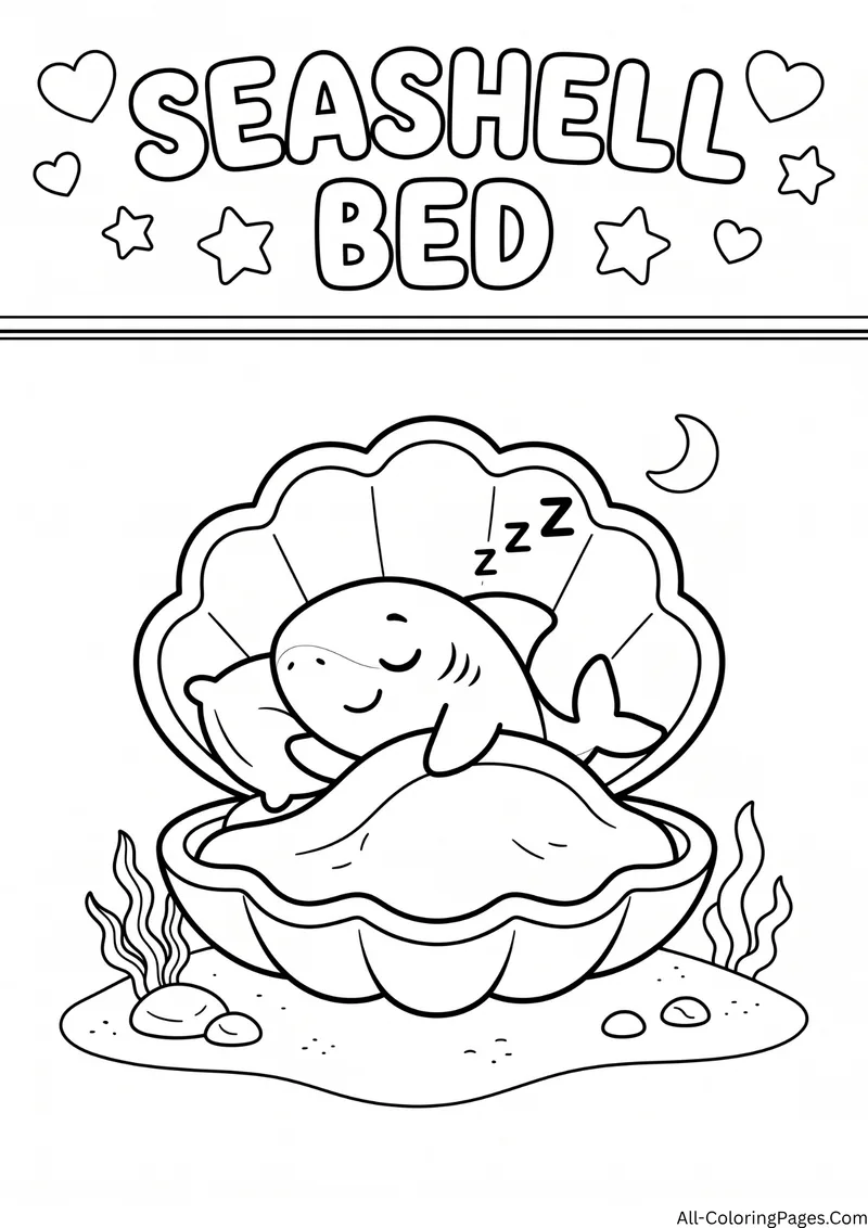 Baby shark sleeping in an open seashell bed under a crescent moon, with the title Seashell Bed