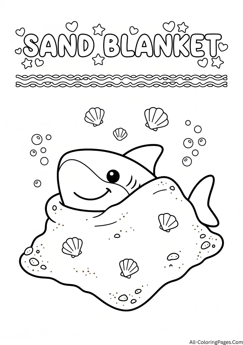 Shark resting under a pile of sand with seashells and bubbles, with the title Sand Blanket