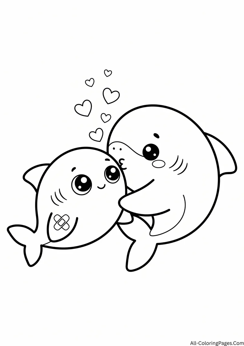 Mama shark kissing a baby shark with a bandage on its fin, with hearts above them