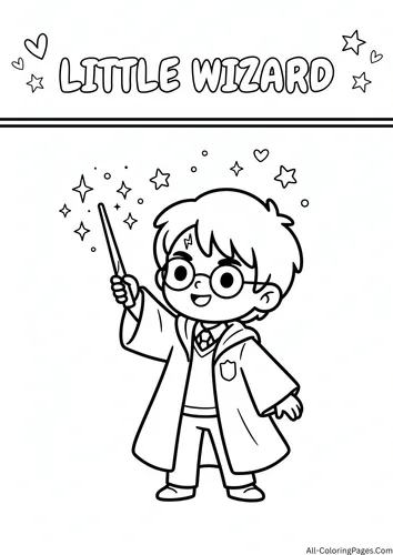 Young wizard with round glasses and a school robe raising a wand among stars, with the title Little Wizard