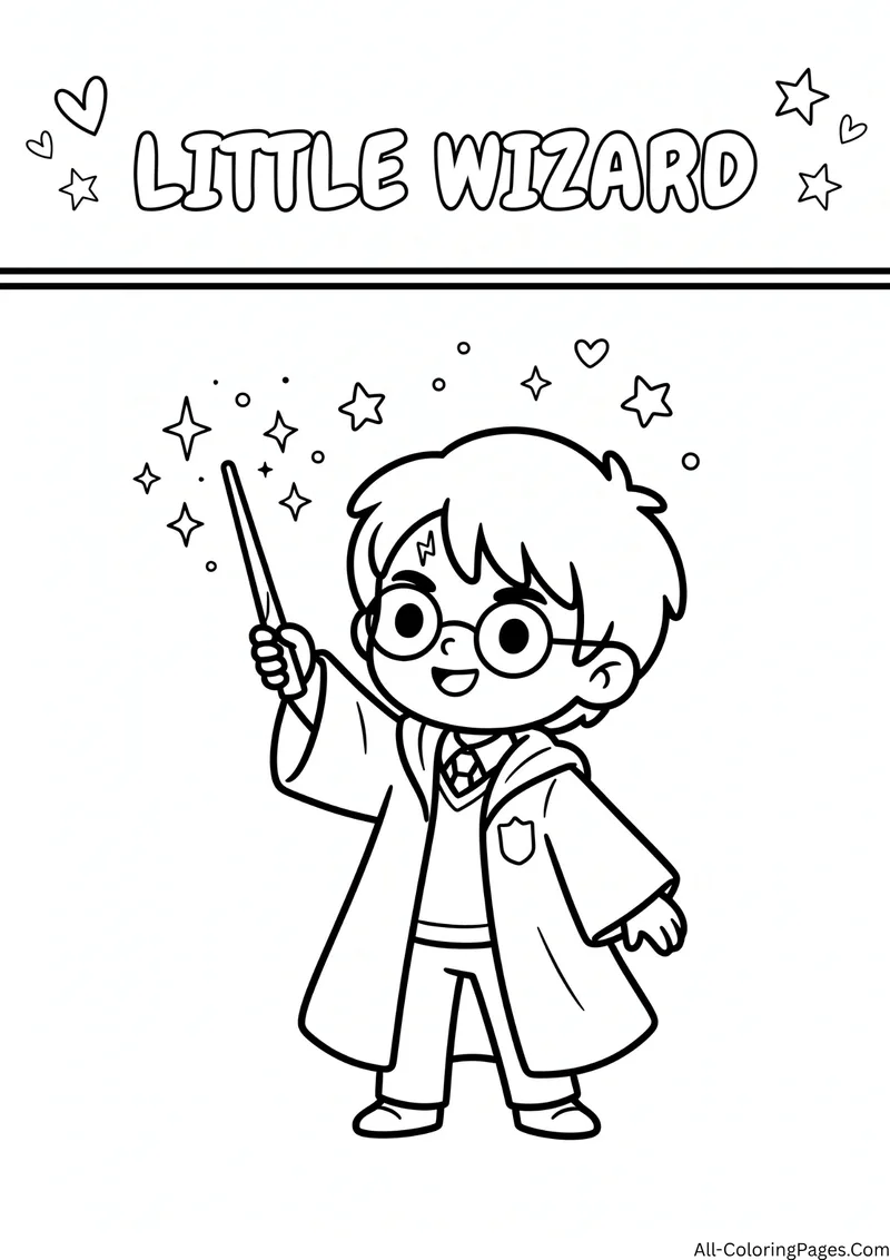 Young wizard with round glasses and a school robe raising a wand among stars, with the title Little Wizard