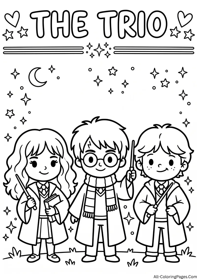 Three young wizard friends in school robes holding wands under a starry sky, with the title The Trio