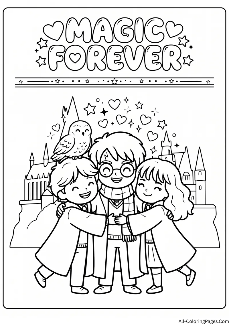 Three young wizards hugging in front of a castle with an owl and hearts, with the title Magic Forever
