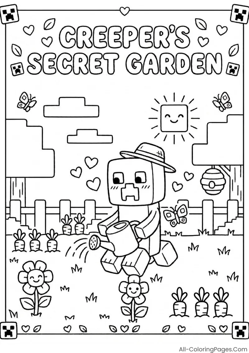 A Creeper in a garden hat watering carrots and flowers