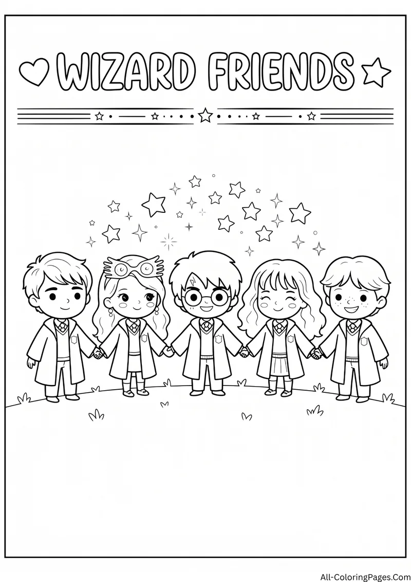 Five young wizards in school robes holding hands under an arch of stars, with the title Wizard Friends