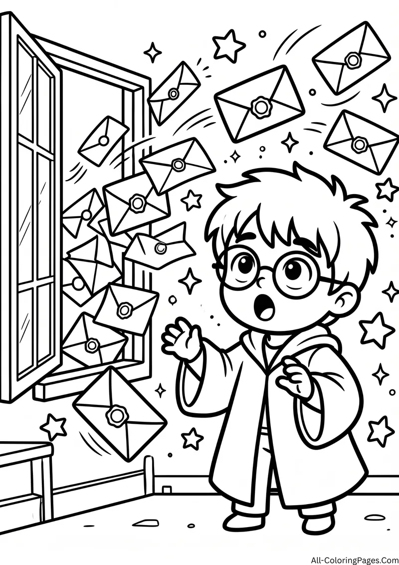 Surprised boy with round glasses as many envelopes fly in through an open window