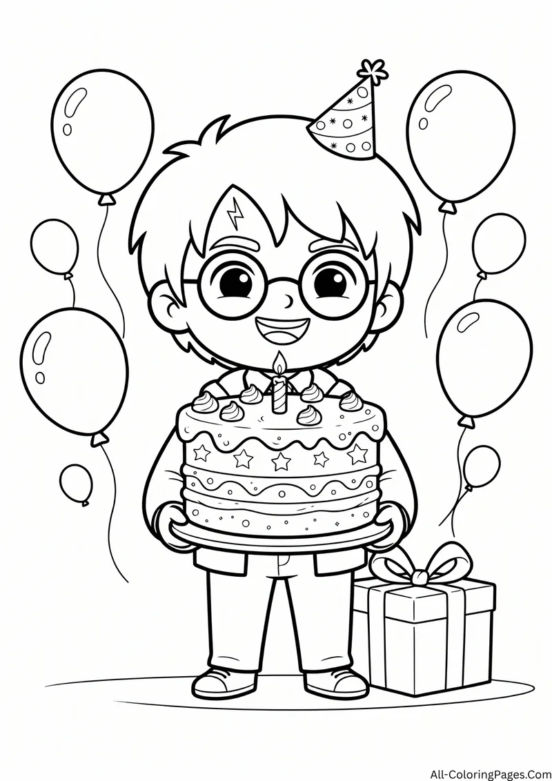 Boy with round glasses in a party hat holding a birthday cake with balloons and a gift