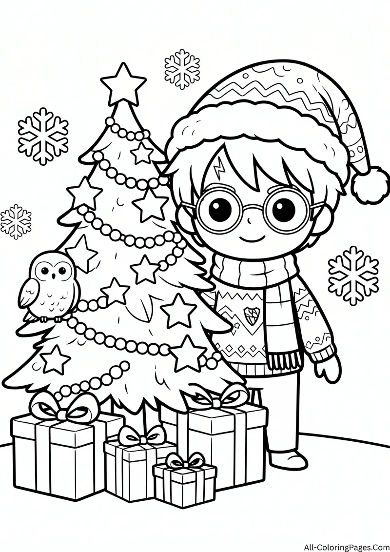 Boy with round glasses in a Santa hat beside a decorated Christmas tree with an owl and presents