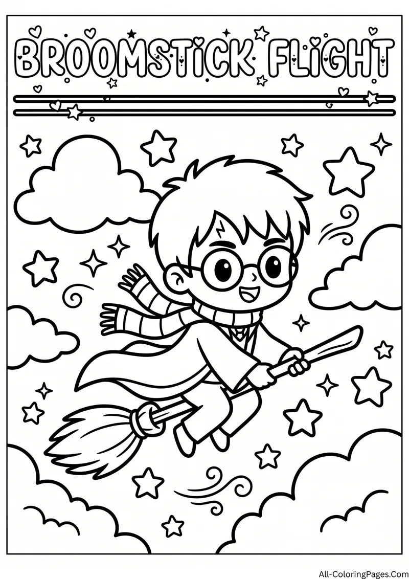 Young wizard with round glasses and a scarf flying on a broomstick among clouds and stars, with the title Broomstick Flight