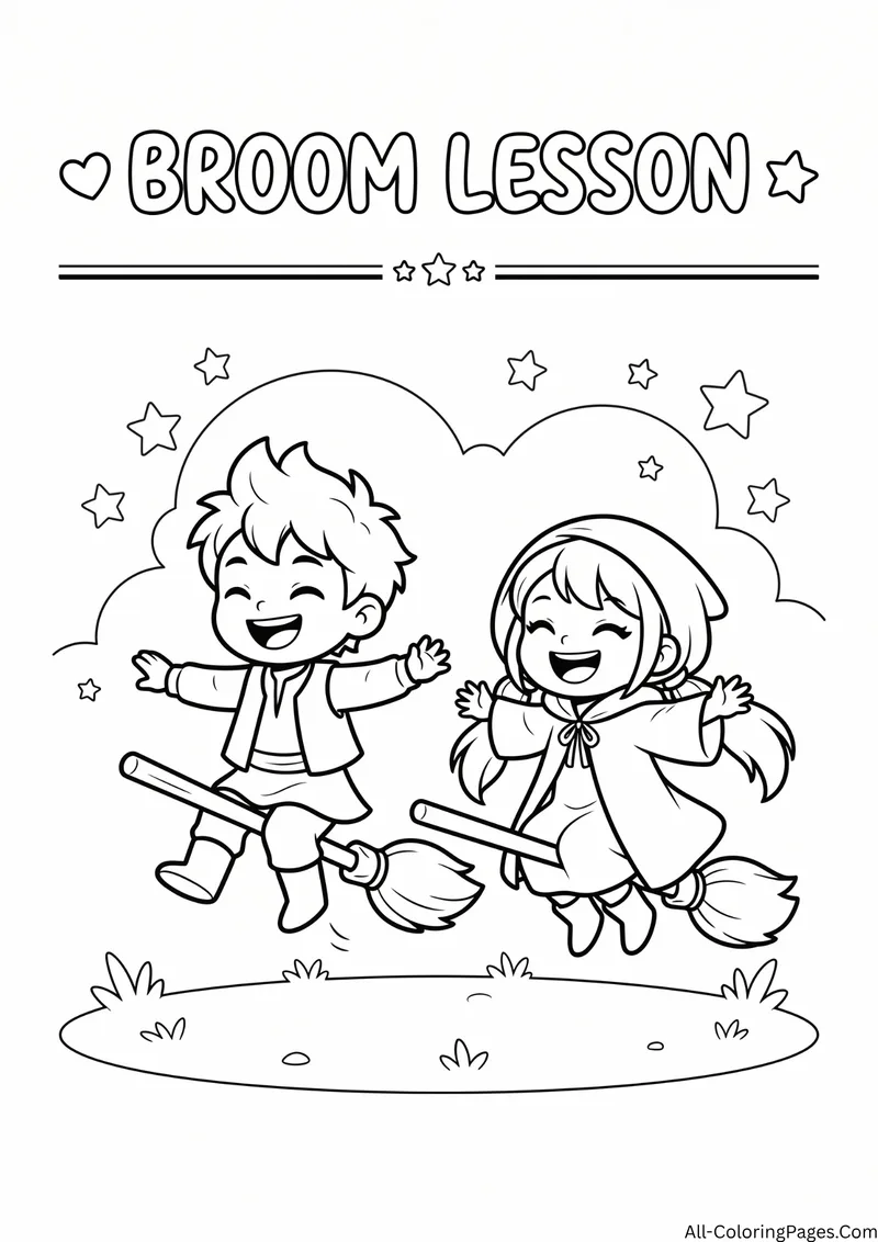 Two happy children hovering on broomsticks above the grass, with the title Broom Lesson