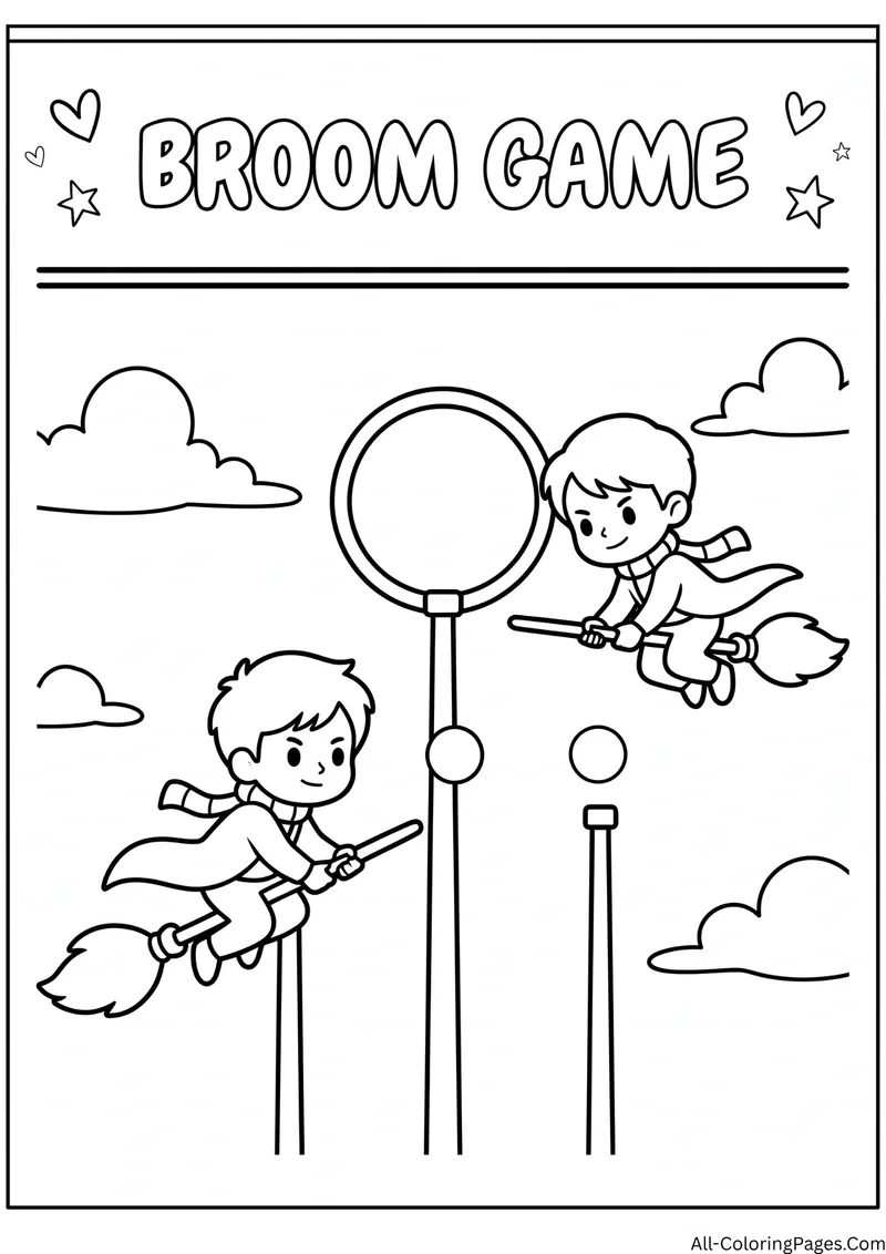 Two children flying on broomsticks near tall hoop goals and a ball, with the title Broom Game