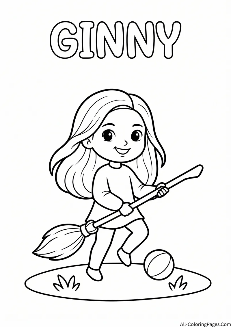 Young witch with long hair holding a broom near a ball on the grass, with the title Ginny