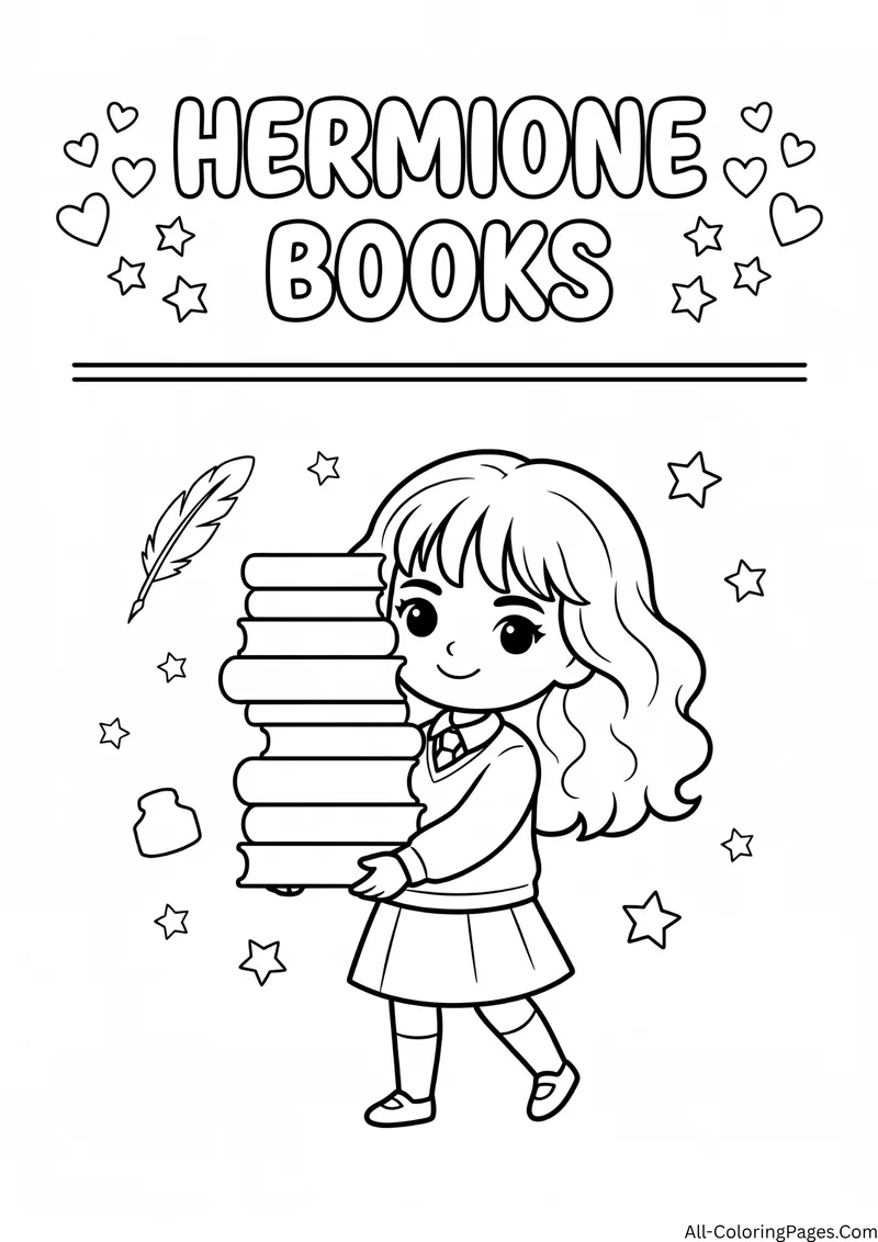 Young witch with curly hair carrying a stack of books with a feather quill, with the title Hermione Books