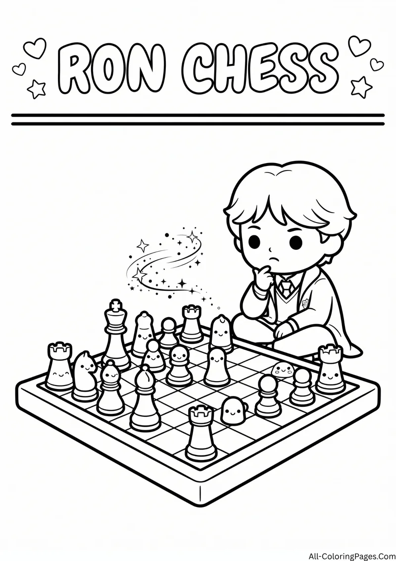 Young wizard thinking over a chessboard with cartoon chess pieces and sparkles, with the title Ron Chess