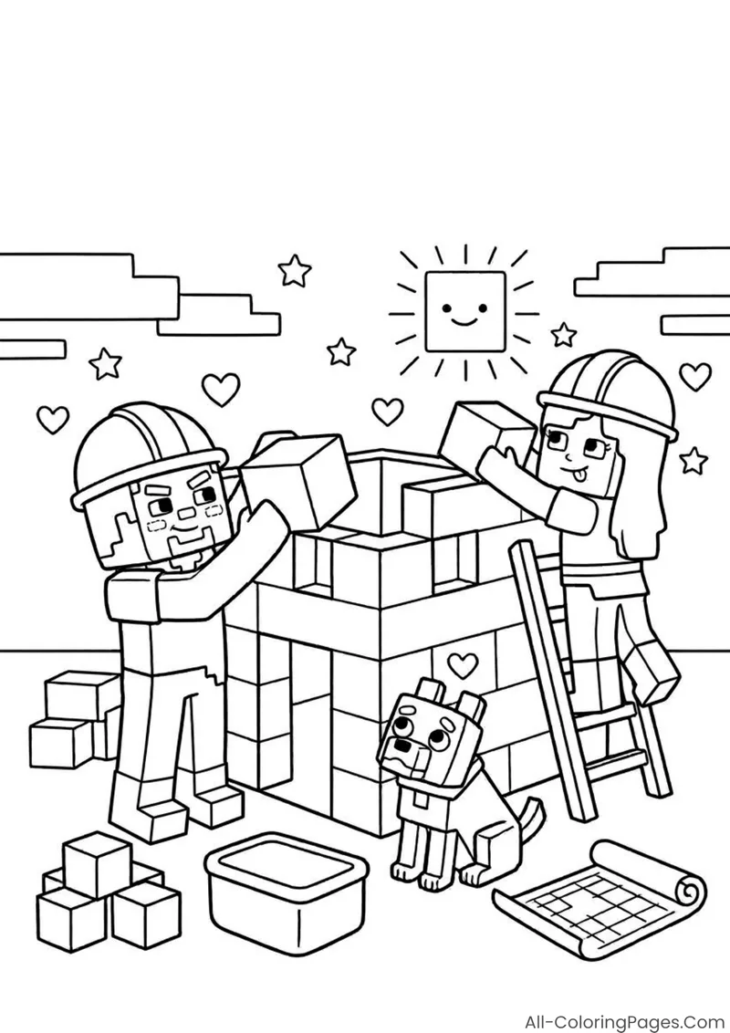 Steve and Alex in hard hats building a block house beside a wolf