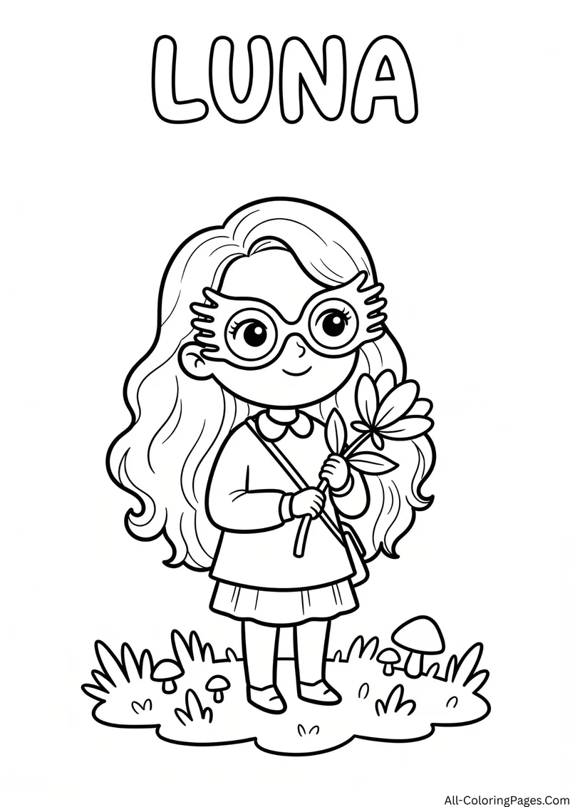 Young witch with long wavy hair and big novelty glasses holding a flower among mushrooms, with the title Luna
