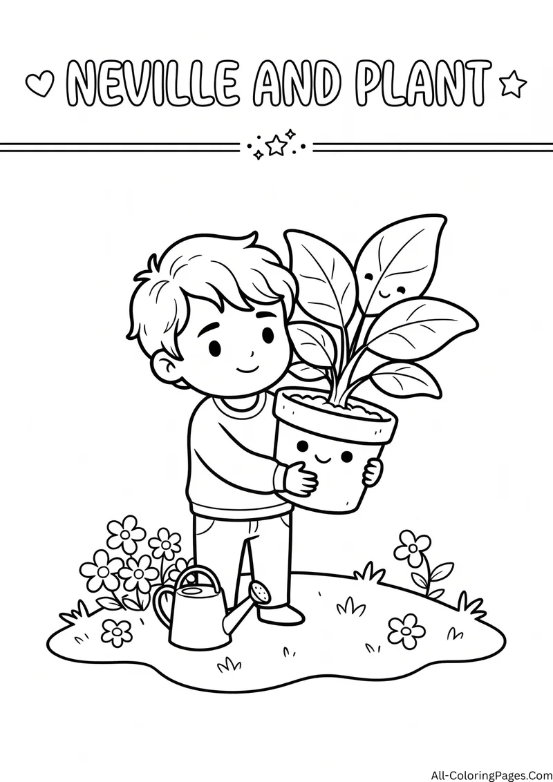 Boy holding a smiling potted plant with a watering can and flowers, with the title Neville and Plant