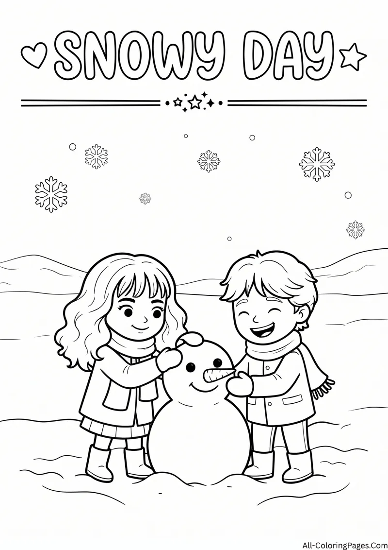 Two children in scarves building a snowman as snowflakes fall, with the title Snowy Day