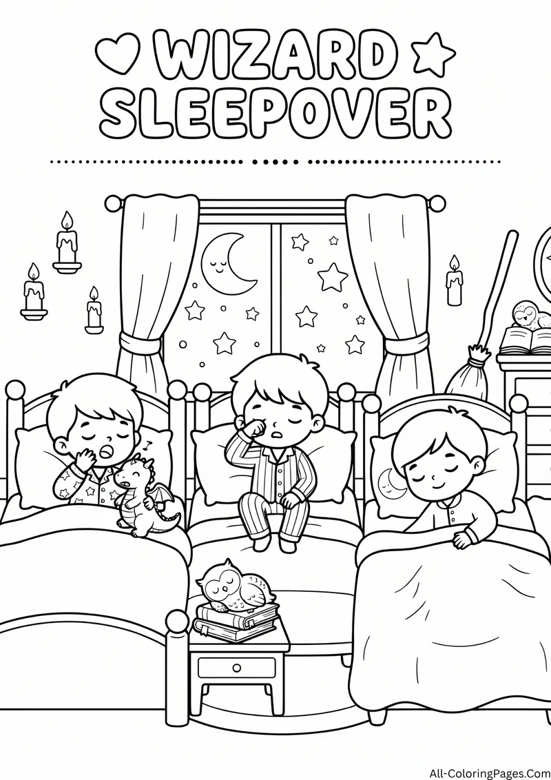 Three children in beds in a dormitory with candles, a window and a crescent moon, with the title Wizard Sleepover