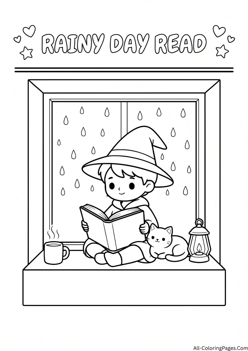 Child in a wizard hat reading a book on a windowsill with a cat, a lantern and a mug, with the title Rainy Day Read