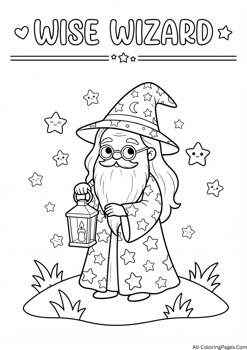 Old wizard with a long beard, glasses and a starry robe holding a lantern, with the title Wise Wizard