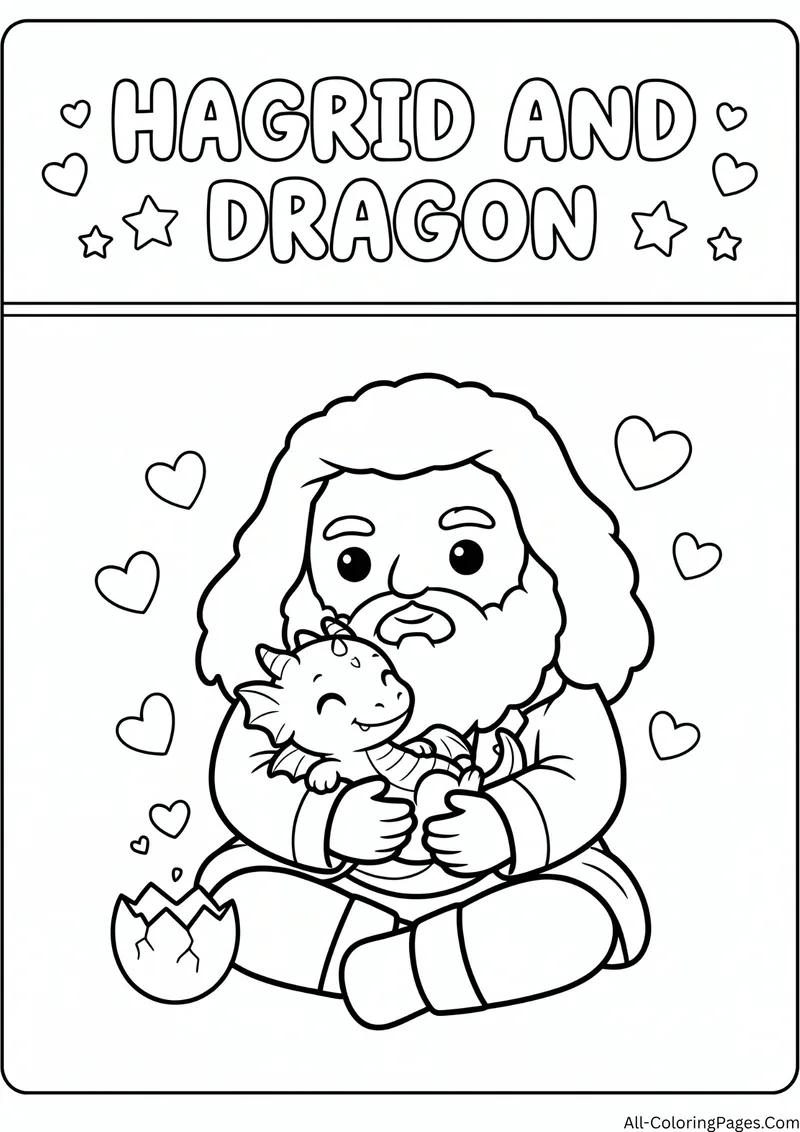Bearded giant hugging a baby dragon next to a cracked egg with hearts, with the title Hagrid and Dragon