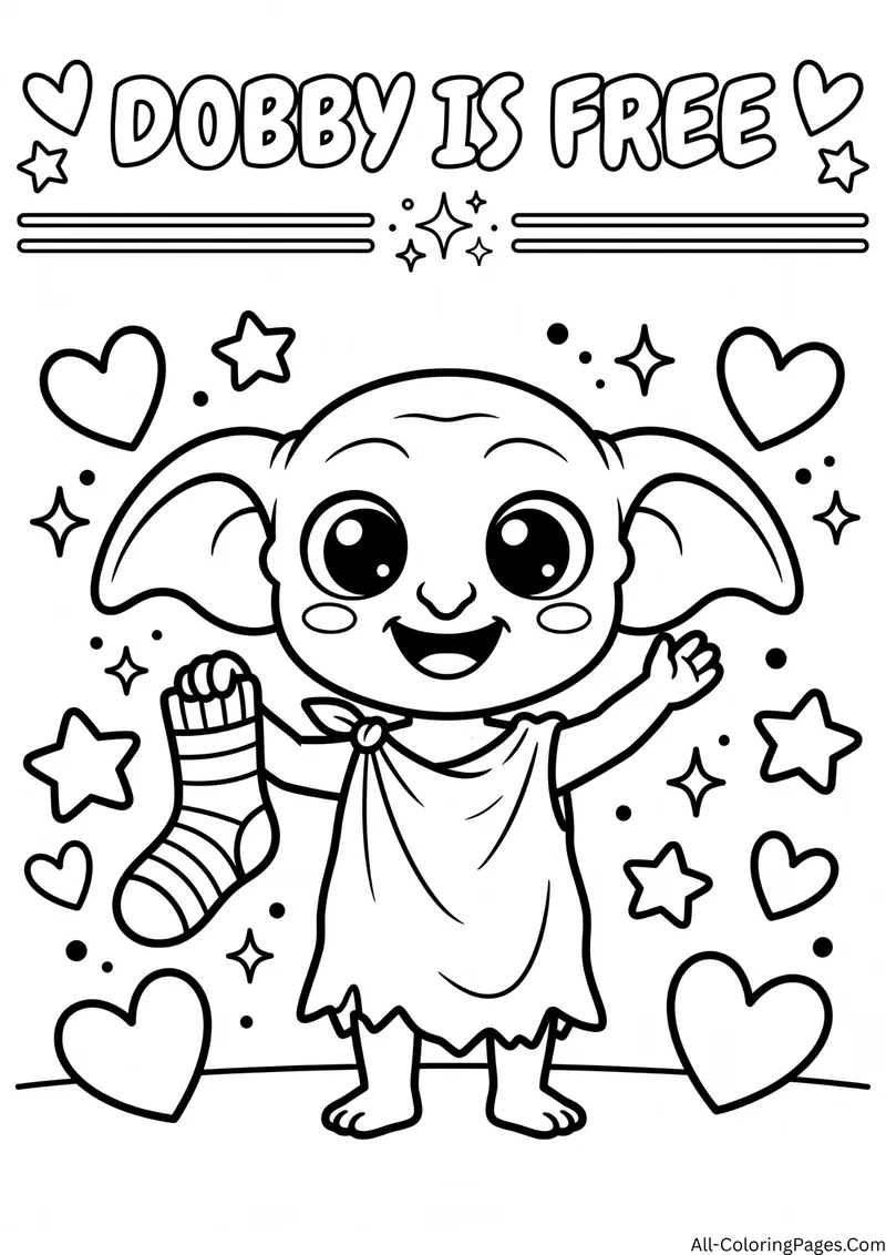Smiling house elf with large ears holding up a sock among hearts and stars, with the title Dobby Is Free