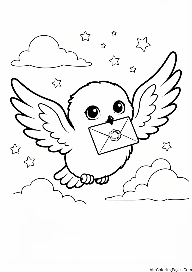 Fluffy owl flying through clouds and stars carrying a sealed envelope in its beak