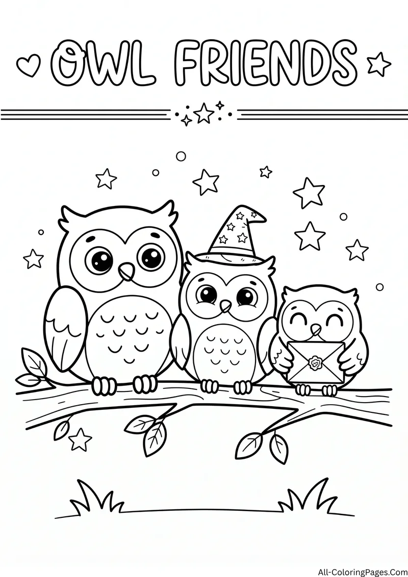 Three owls sitting on a branch, one in a wizard hat and one holding a letter, with the title Owl Friends