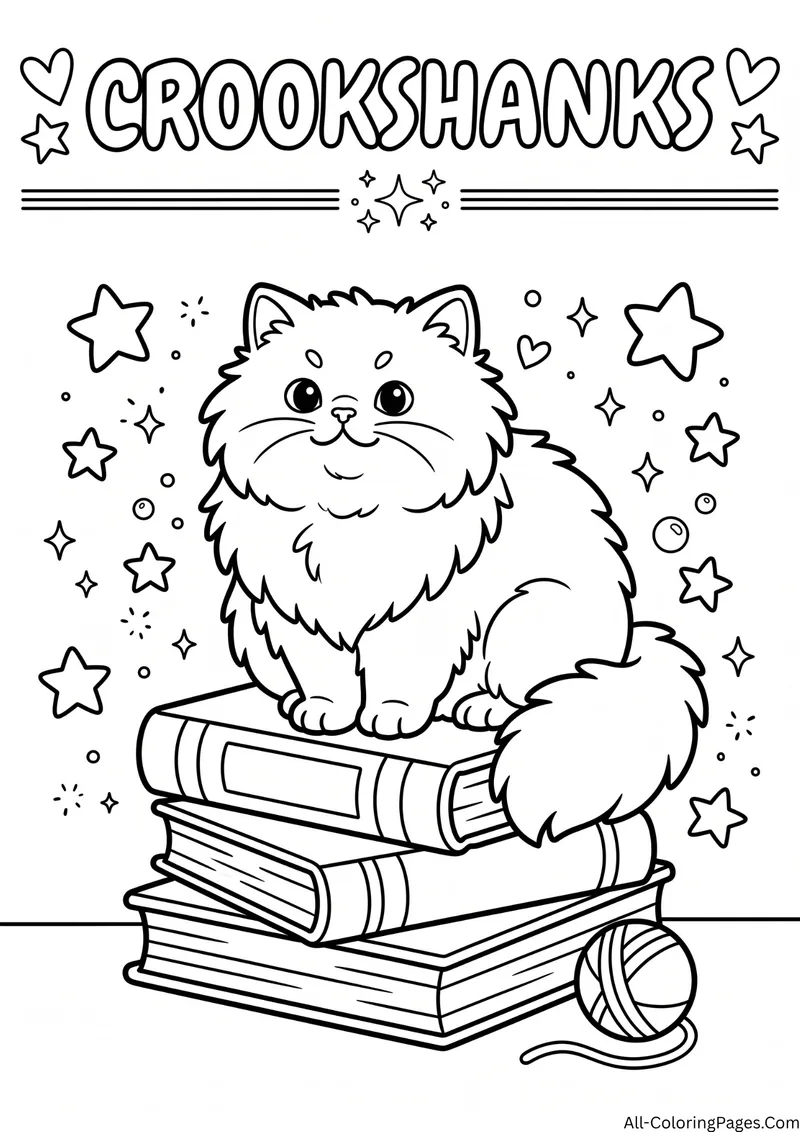 Fluffy long haired cat sitting on a stack of books with a ball of yarn and stars, with the title Crookshanks