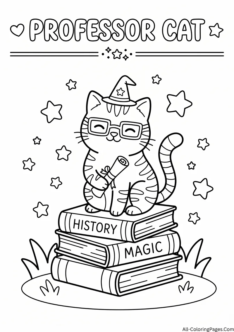 Cat wearing glasses and a wizard hat sitting on books labeled History and Magic, with the title Professor Cat